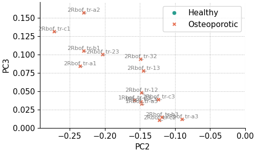 Annotated scores scatter plot of PC2-PC3 zoomed